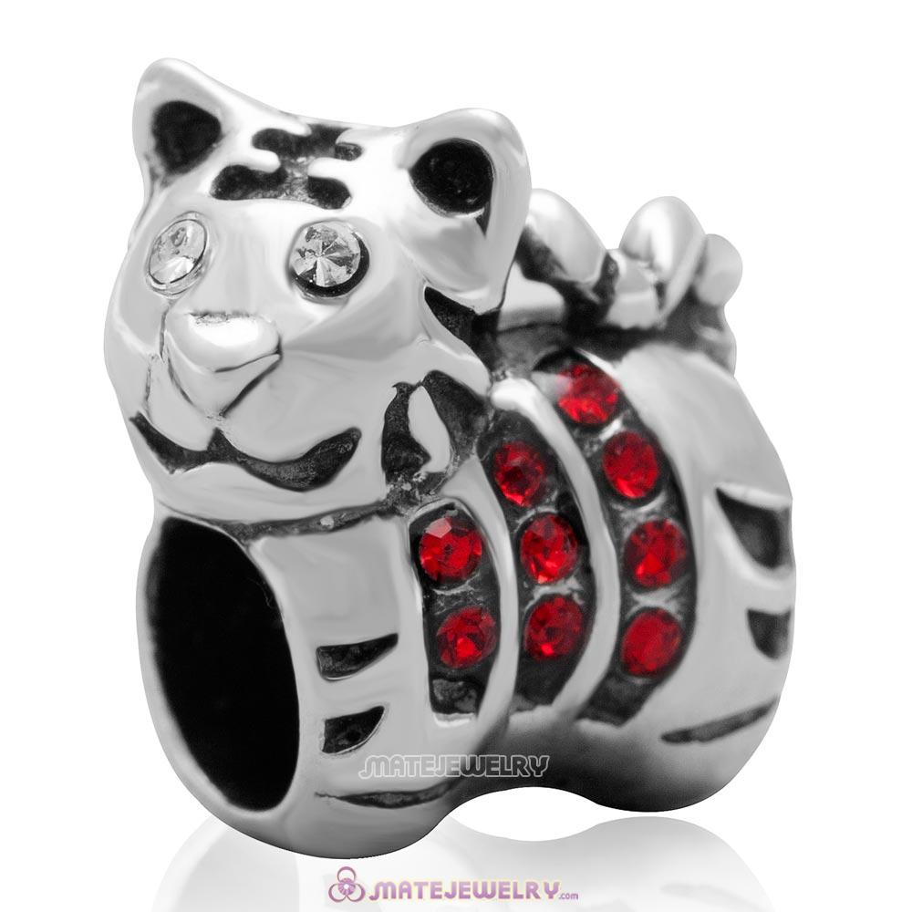Tiger Charm Sterling Silver Beads with Lt Siam Austrian Crystal