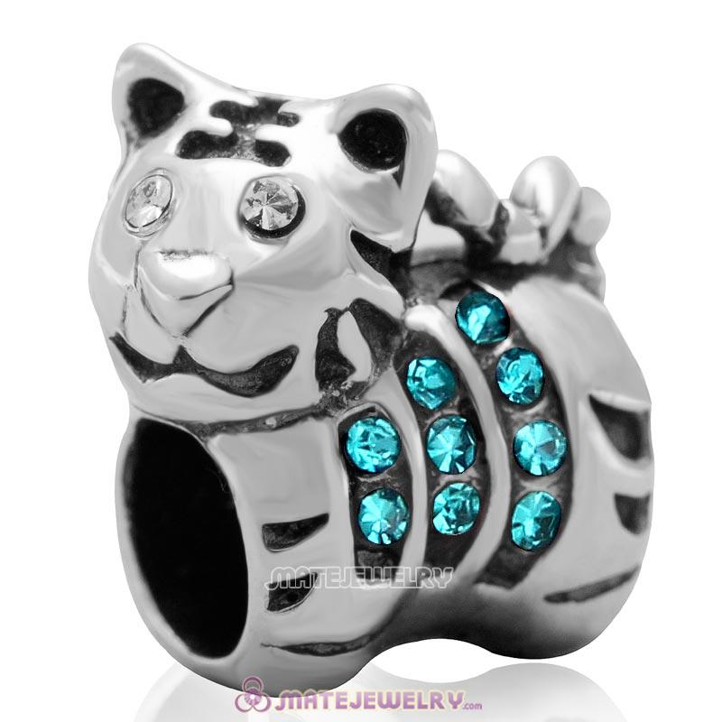 Tiger Charm Sterling Silver Beads with Blue Zircon Austrian Crystal