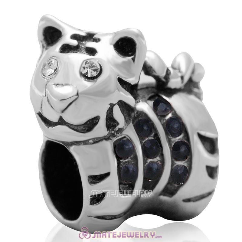Tiger Charm Sterling Silver Beads with Jet Austrian Crystal