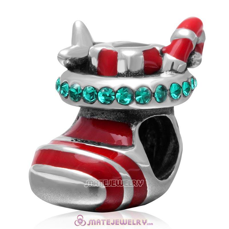 Christmas Stocking Enamel Charm 925 Sterling Silver with Emerald Australian Crystal