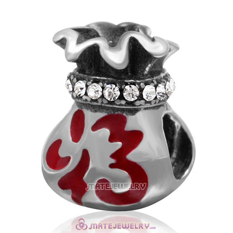 Chinese Fu Pocket Charm Sterling Silver Red Enamel Beads with Clear Australian Crystal