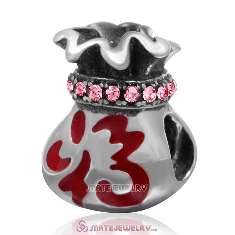 Chinese Fu Pocket Charm Sterling Silver Red Enamel Beads with Light Rose Australian Crystal