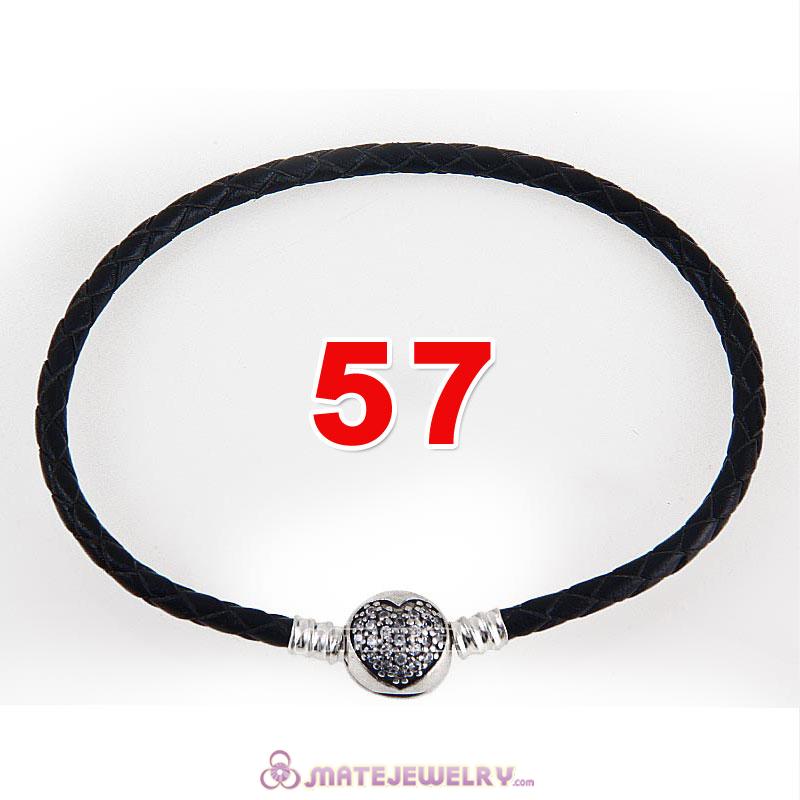 57cm Black Braided Leather Triple Bracelet Silver Love of My Life Clip with Heart White CZ Stone