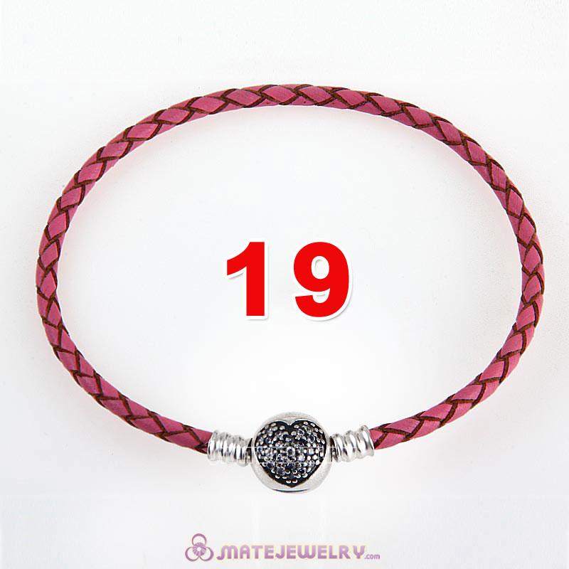 19cm Pink Braided Leather Bracelet 925 Silver Love of My Life Round Clip with Heart White CZ Stone