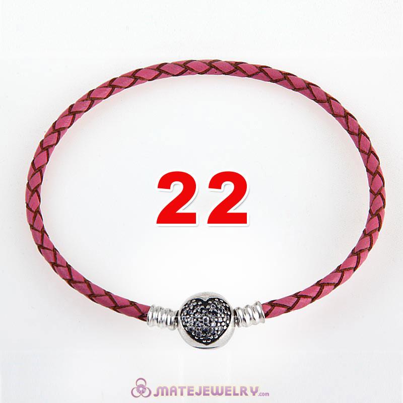 22cm Pink Braided Leather Bracelet 925 Silver Love of My Life Round Clip with Heart White CZ Stone