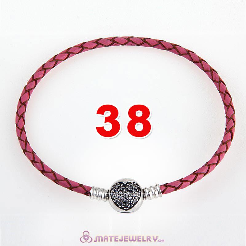 38cm Pink Braided Leather Double Bracelet 925 Silver Love of My Life Clip with Heart White CZ Stone