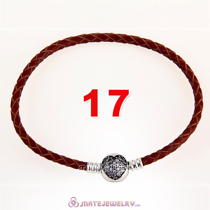 17cm Brown Braided Leather Bracelet 925 Silver Love of My Life Round Clip with Heart White CZ Stone