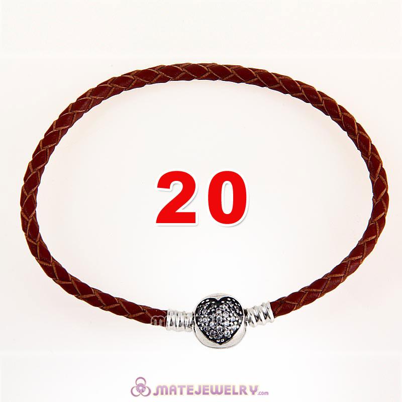 20cm Brown Braided Leather Bracelet 925 Silver Love of My Life Round Clip with Heart White CZ Stone