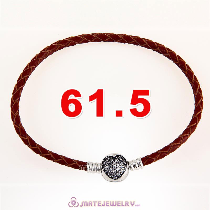 61.5cm Brown Braided Leather Triple Bracelet Silver Love of My Life Clip with Heart White CZ Stone