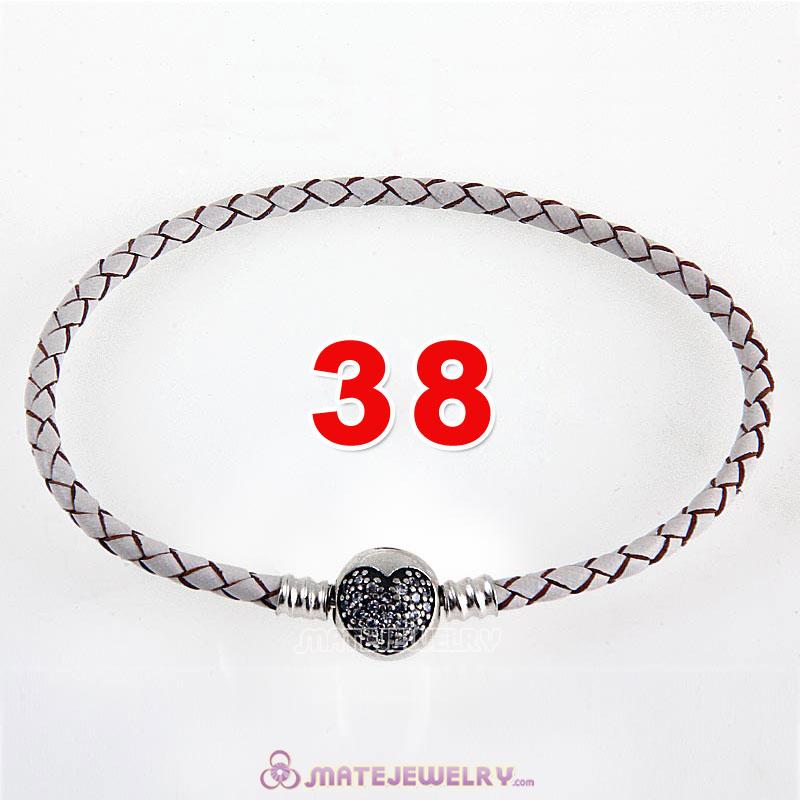 38cm White Braided Leather Double Bracelet 925 Silver Love of My Life Clip with Heart White CZ Stone