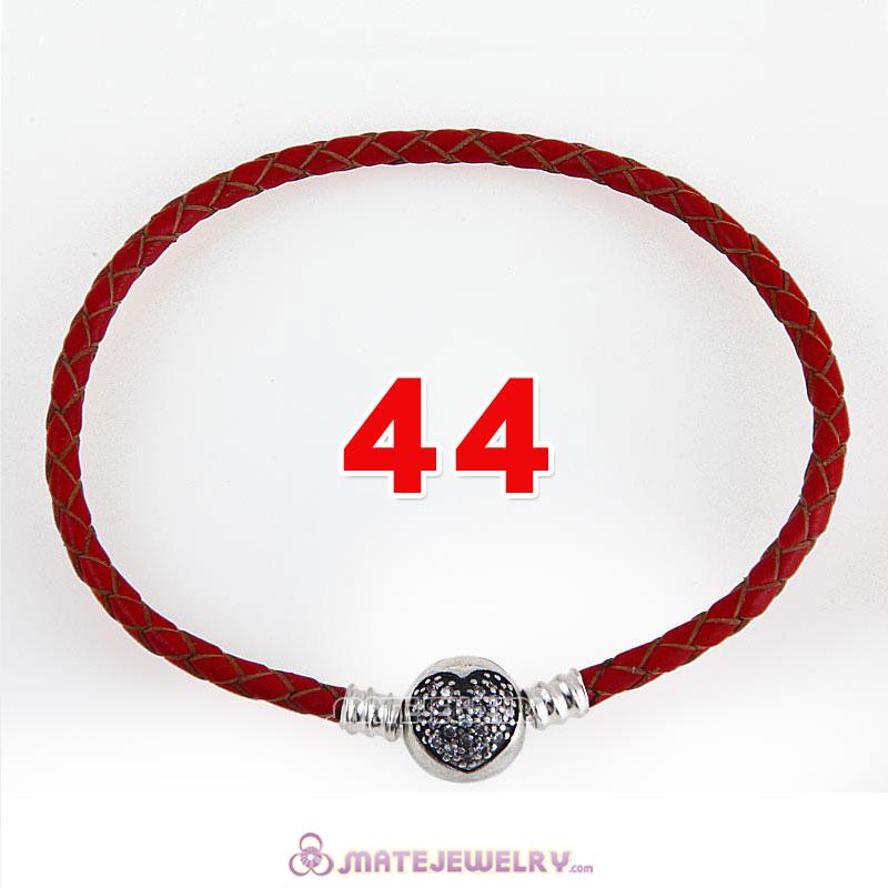 44cm Red Braided Leather Double Bracelet 925 Silver Love of My Life Clip with Heart White CZ Stone