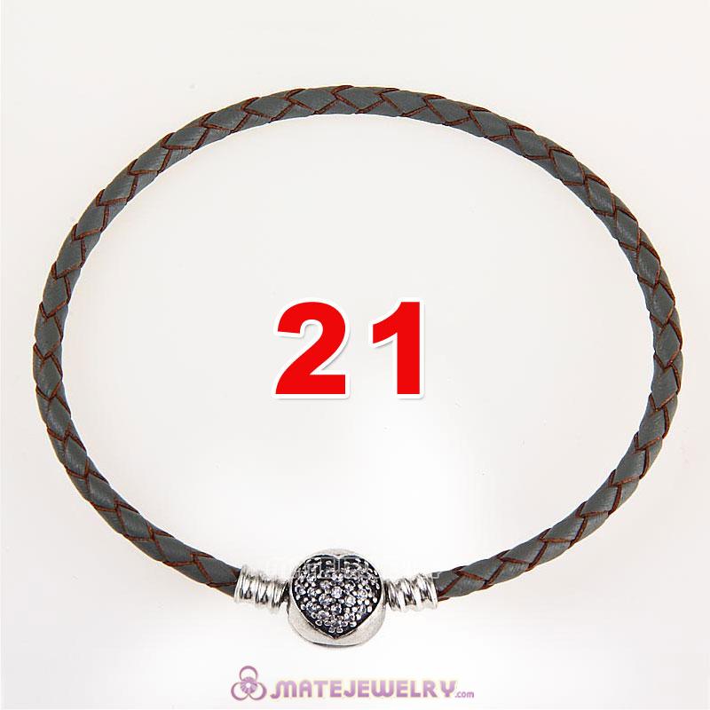 21cm Gray Braided Leather Bracelet 925 Silver Love of My Life Round Clip with Heart White CZ Stone