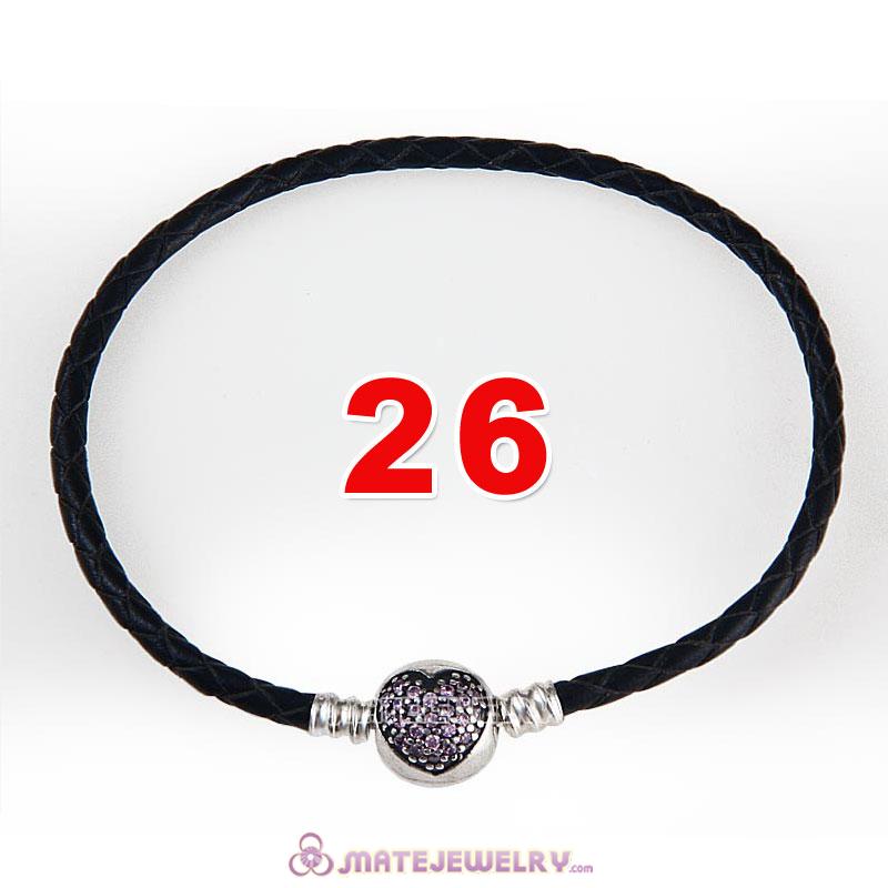 26cm Black Braided Leather Bracelet 925 Silver Love of My Life Round Clip with Heart Pink CZ Stone