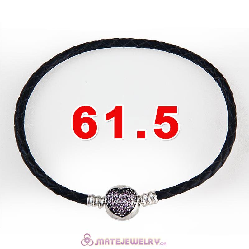 61.5cm Black Braided Leather Triple Bracelet Silver Love of My Life Clip with Heart Pink CZ Stone