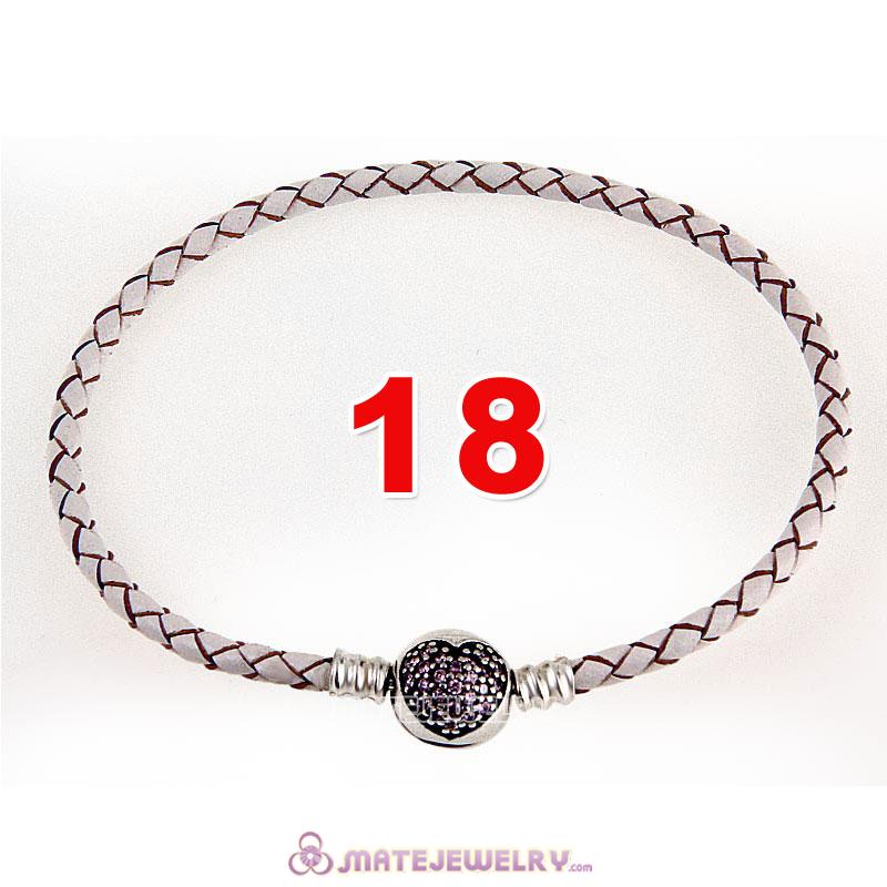18cm White Braided Leather Bracelet 925 Silver Love of My Life Round Clip with Heart Pink CZ Stone