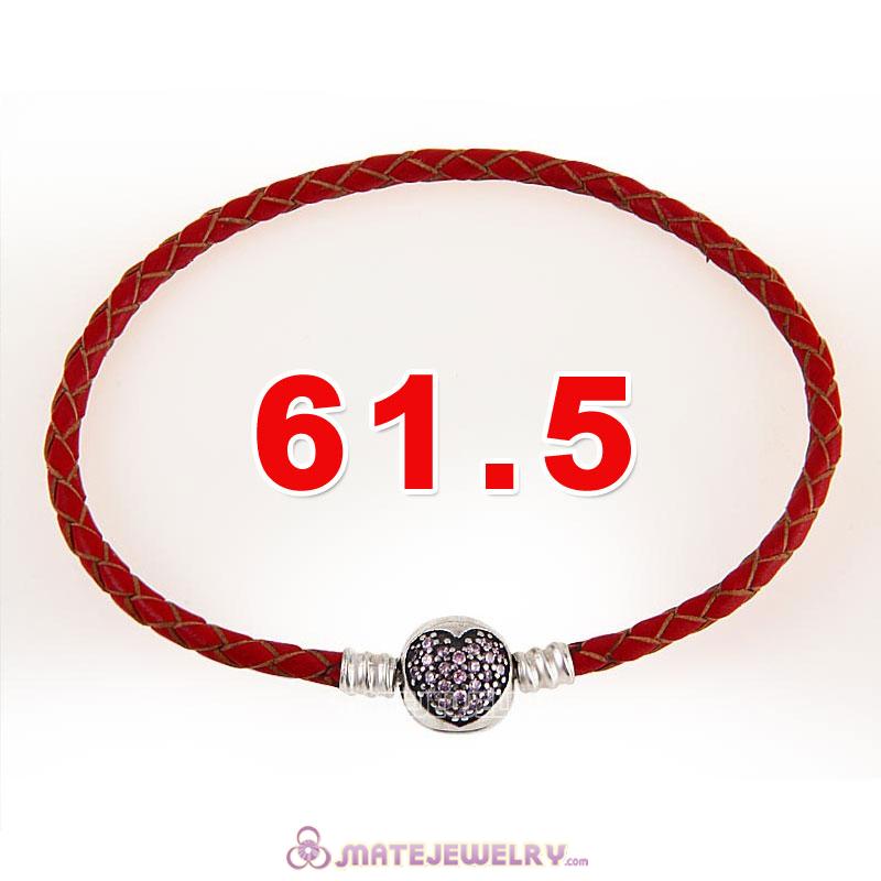 61.5cm Red Braided Leather Triple Bracelet Silver Love of My Life Clip with Heart Pink CZ Stone