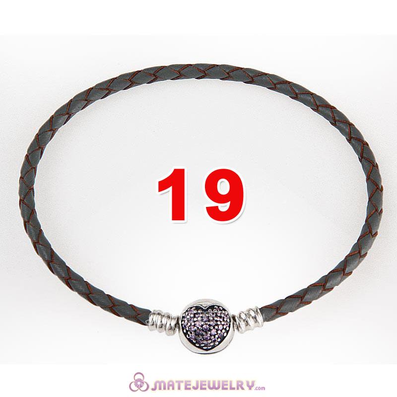 19cm Gray Braided Leather Bracelet 925 Silver Love of My Life Round Clip with Heart Pink CZ Stone