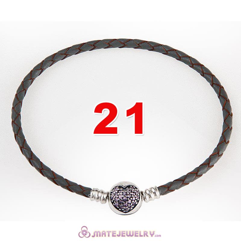 21cm Gray Braided Leather Bracelet 925 Silver Love of My Life Round Clip with Heart Pink CZ Stone