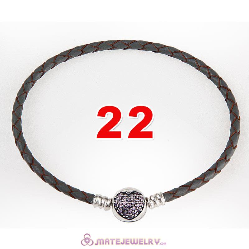 22cm Gray Braided Leather Bracelet 925 Silver Love of My Life Round Clip with Heart Pink CZ Stone