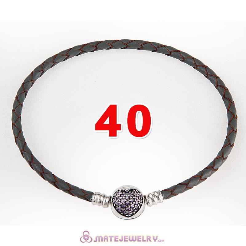 40cm Gray Braided Leather Double Bracelet 925 Silver Love of My Life Clip with Heart Pink CZ Stone