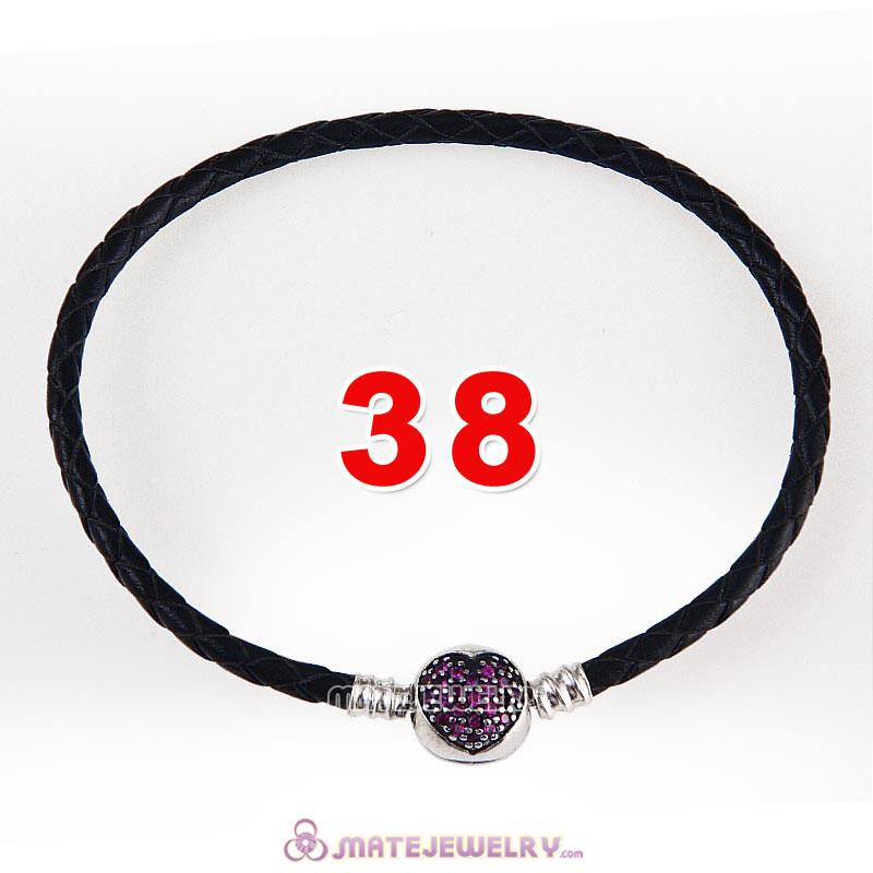 38cm Black Braided Leather Double Bracelet 925 Silver Love of My Life Clip with Heart Red CZ Stone