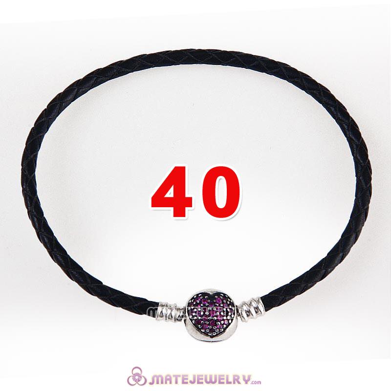 40cm Black Braided Leather Double Bracelet 925 Silver Love of My Life Clip with Heart Red CZ Stone