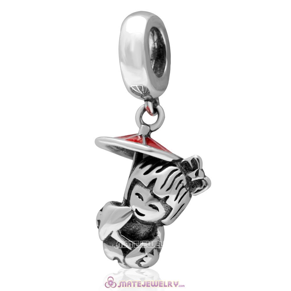 Japan Girl 925 Sterling Silver Pendant Charm with Red Enamel Umbrella