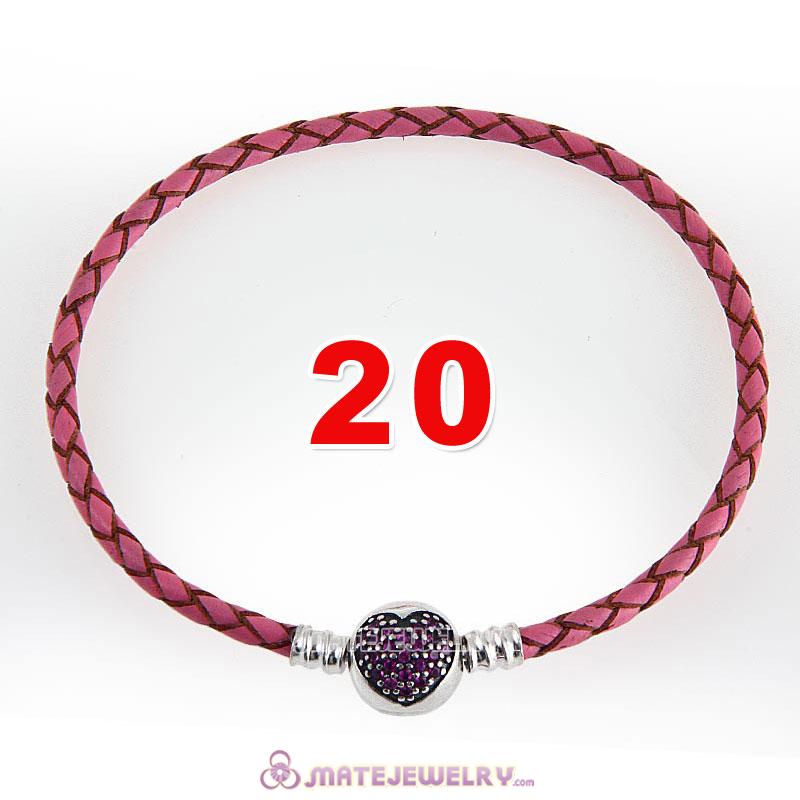 20cm Pink Braided Leather Bracelet 925 Silver Love of My Life Round Clip with Heart Red CZ Stone