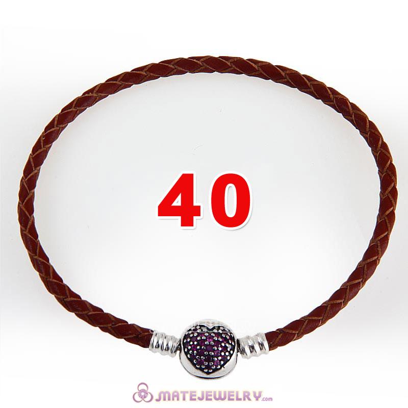40cm Brown Braided Leather Double Bracelet 925 Silver Love of My Life Clip with Heart Red CZ Stone