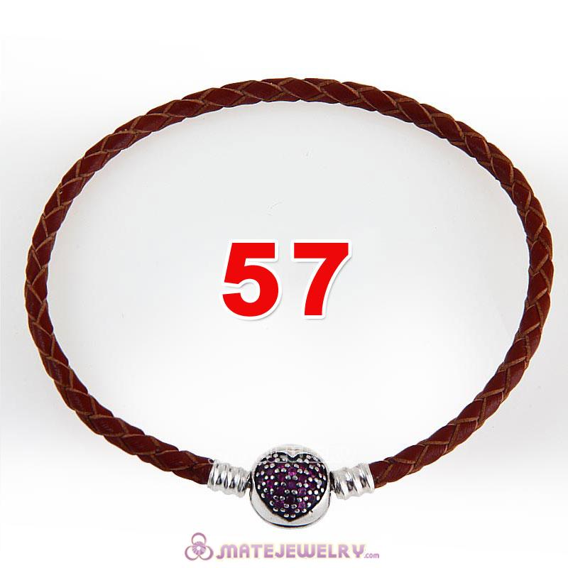 57cm Brown Braided Leather Triple Bracelet 925 Silver Love of My Life Clip with Heart Red CZ Stone