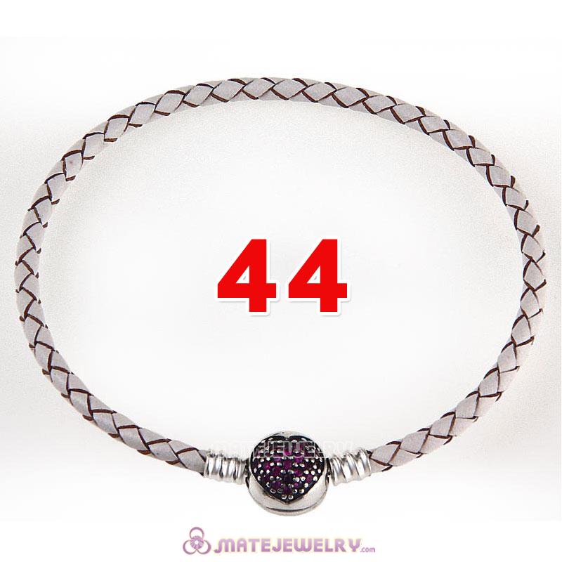 44cm White Braided Leather Double Bracelet 925 Silver Love of My Life Clip with Heart Red CZ Stone