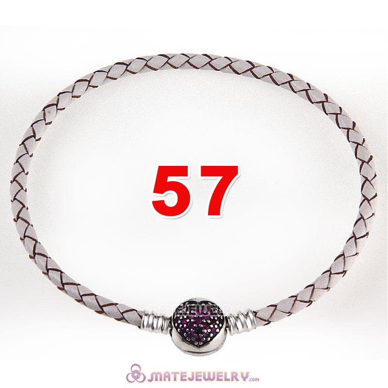 57cm White Braided Leather Triple Bracelet 925 Silver Love of My Life Clip with Heart Red CZ Stone