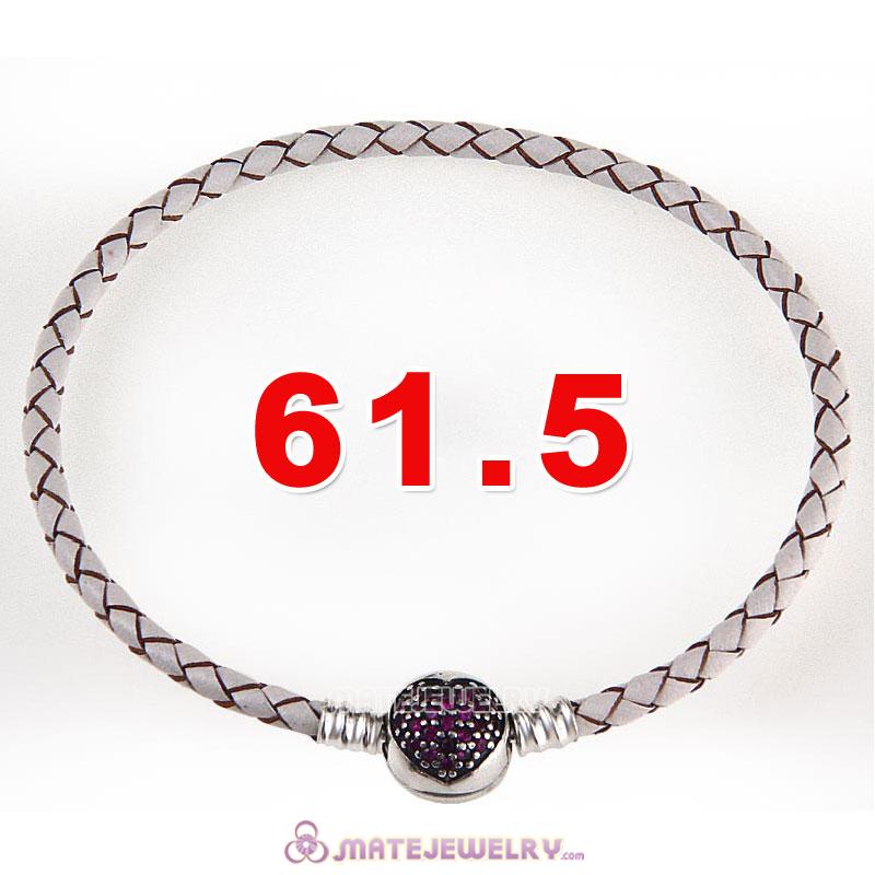 61.5cm White Braided Leather Triple Bracelet Silver Love of My Life Clip with Heart Red CZ Stone