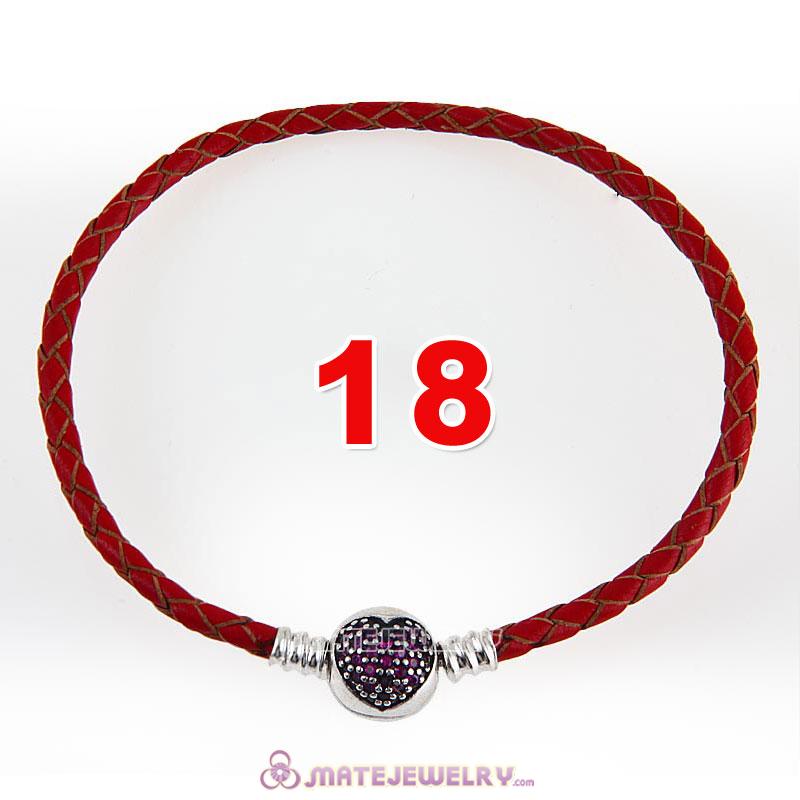 18cm Red Braided Leather Bracelet 925 Silver Love of My Life Round Clip with Heart Red CZ Stone
