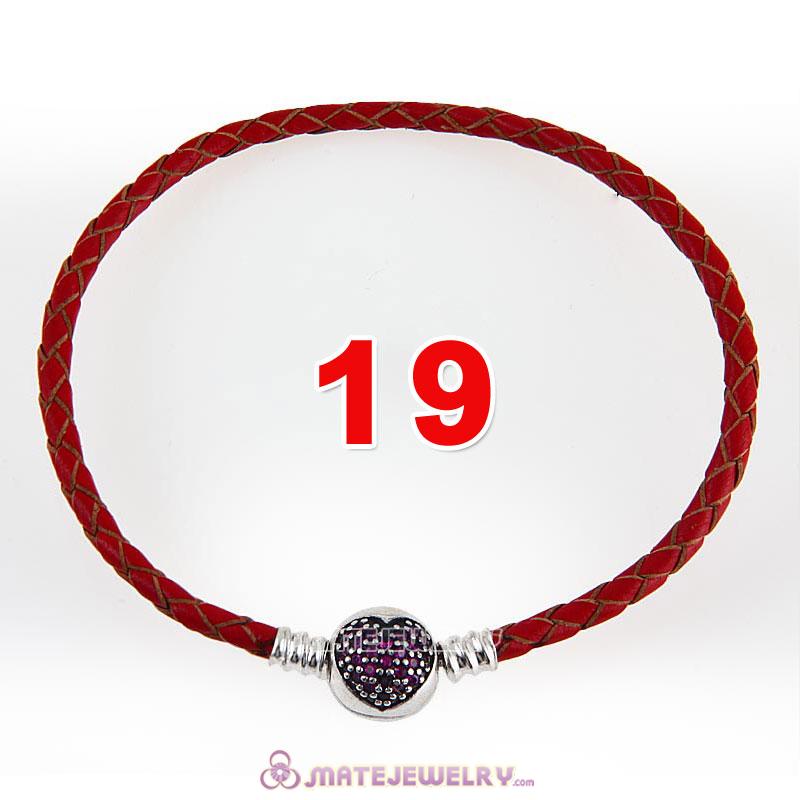 19cm Red Braided Leather Bracelet 925 Silver Love of My Life Round Clip with Heart Red CZ Stone