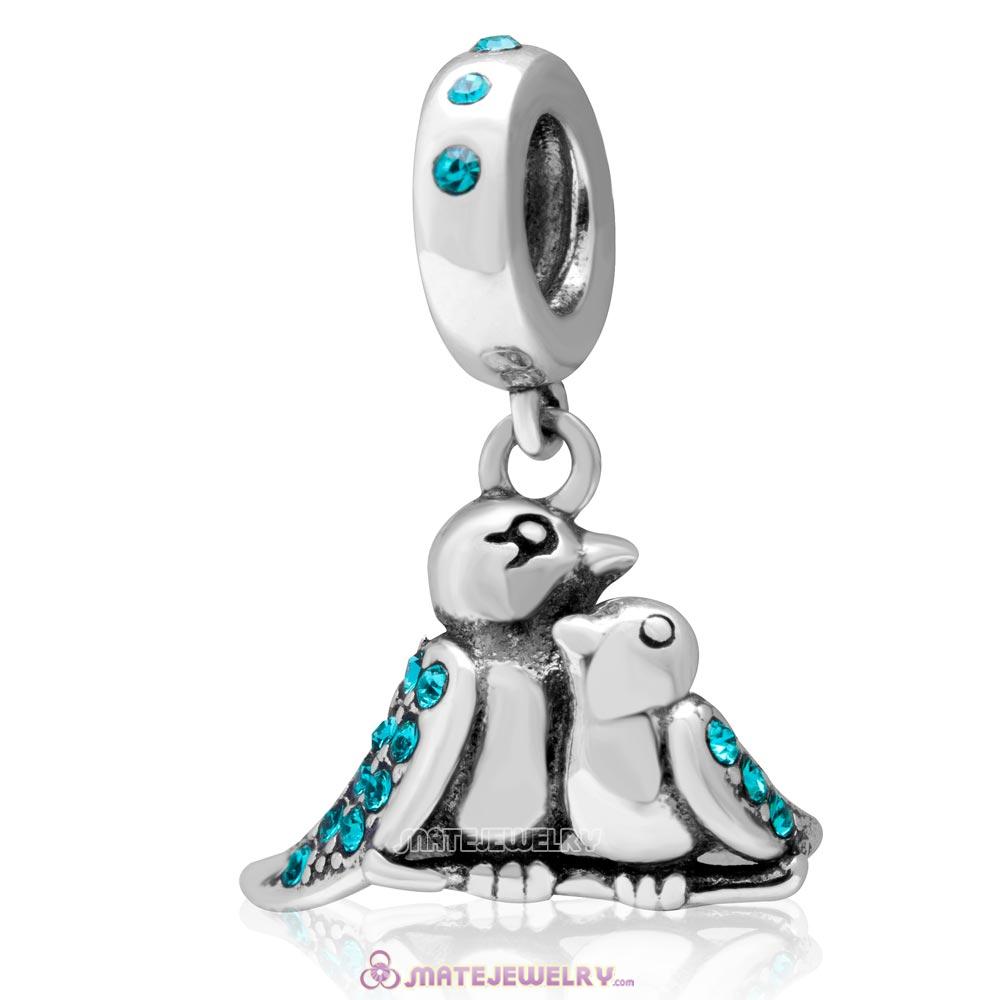 Birds Of A Feather 925 Sterling Silver Blue Zircon Austrian Crystals Charm 