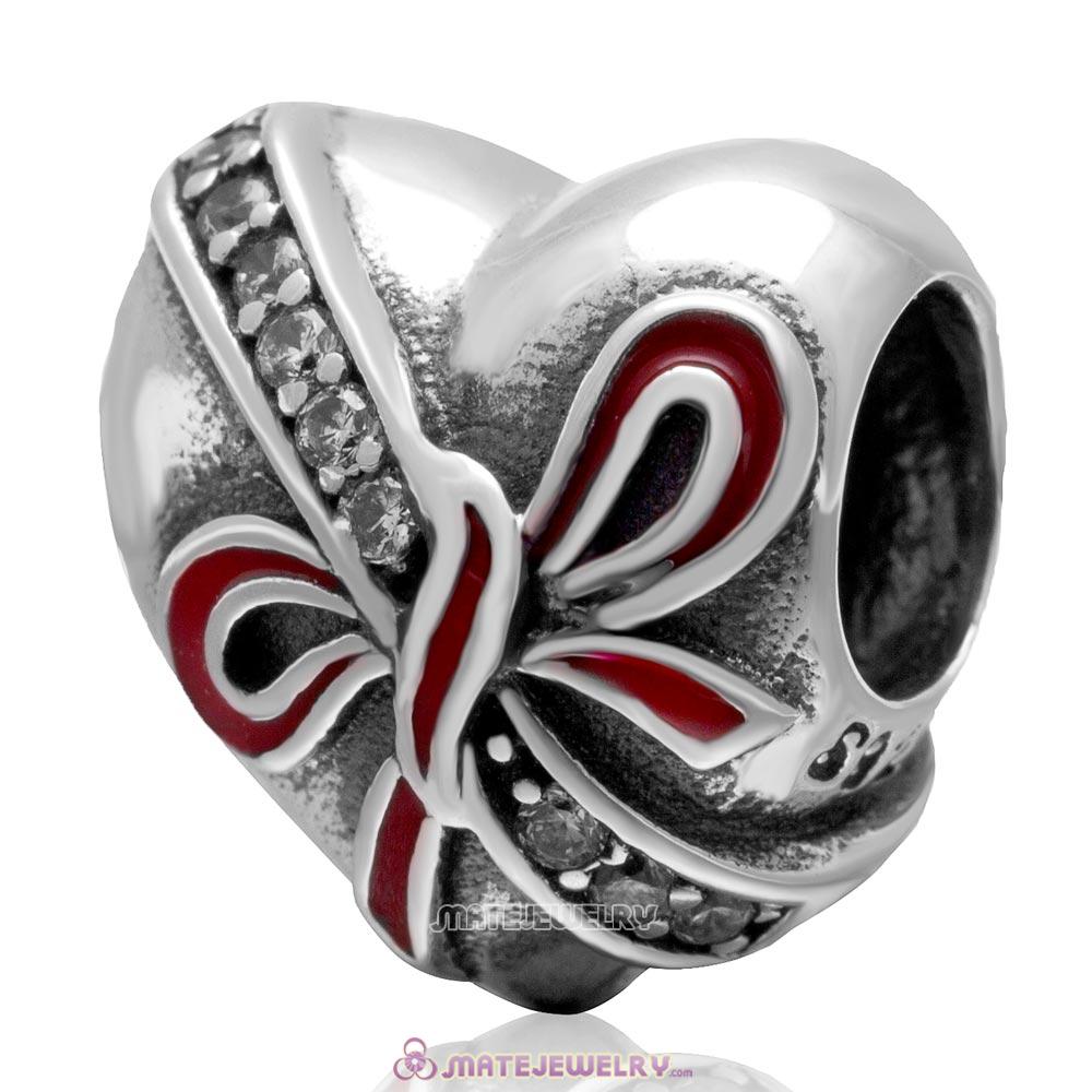 Present wth Red Bow Charm Antique 925 Sterling Silver Zircon Stone Bead
