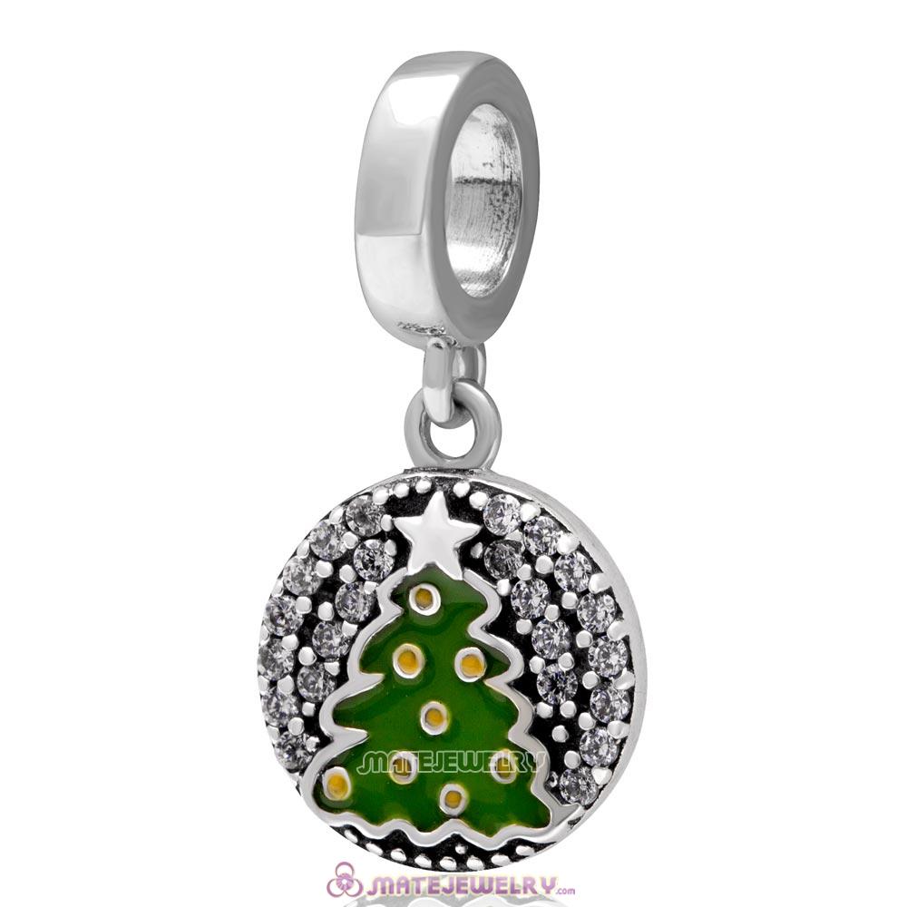 Christmas Tree Dangle Charm 925 Sterling Silver with Zircon Stone 