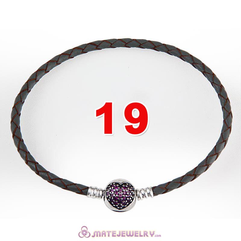 19cm Gray Braided Leather Bracelet 925 Silver Love of My Life Round Clip with Heart Red CZ Stone