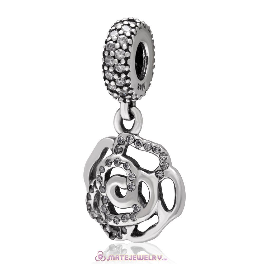 Rose Flower Dangle 925 Sterling Silver with Clear Zircon Stone Charm