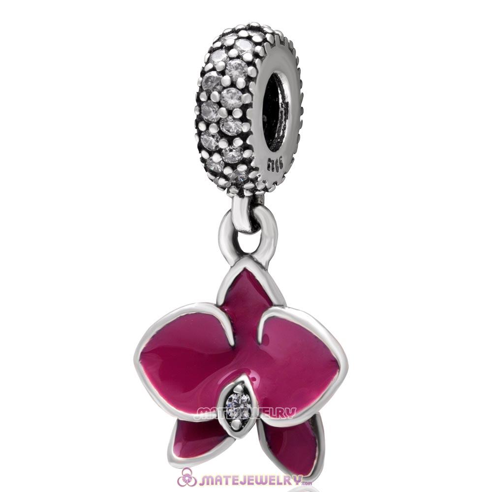 Orchid Flower Dangle 925 Sterling Silver with Clear Zircon Stone Charm