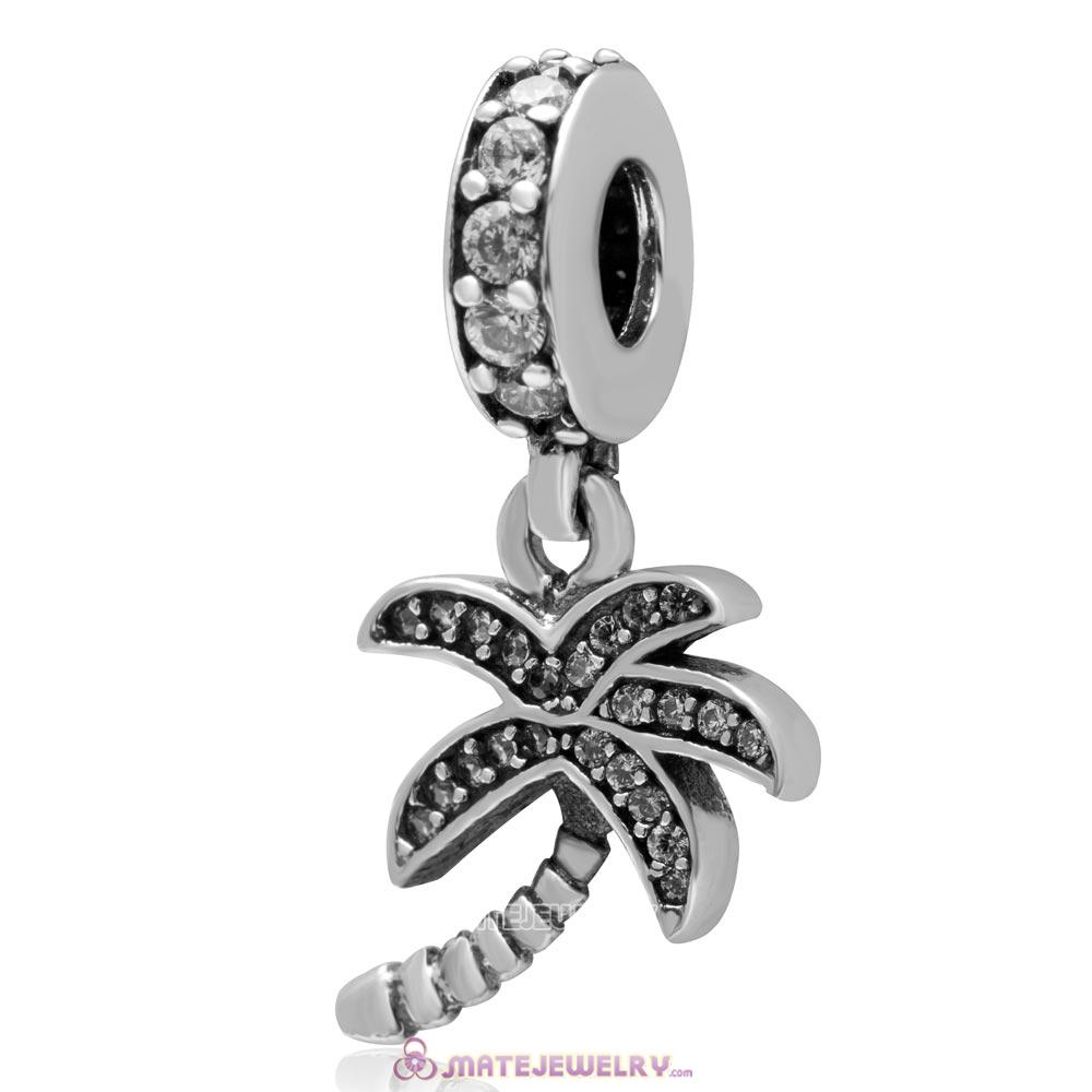 Dangle Coconut Tree 925 Sterling Silver with Clear Zircon Stone Charm 