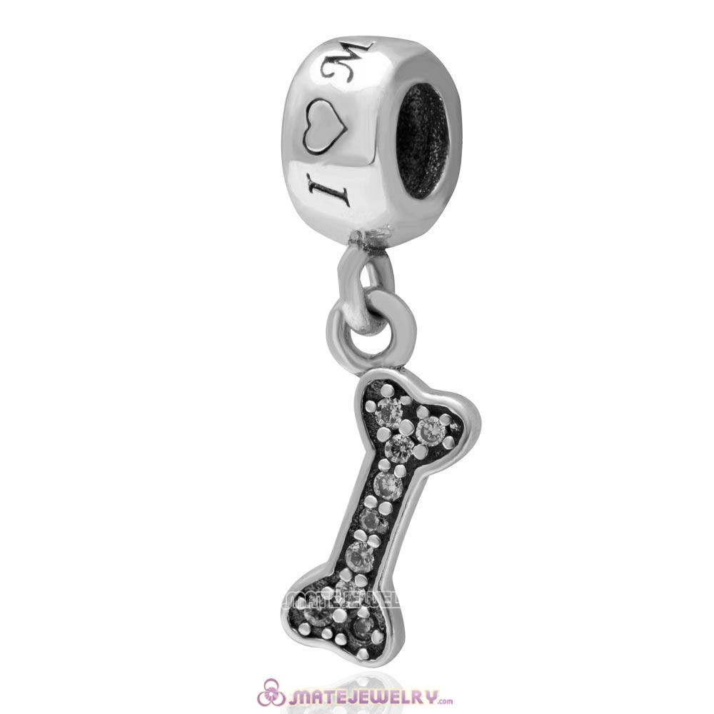 I Love My Dog 925 Sterling Silver Bone Dangle Charm with Clear Zircon Stone