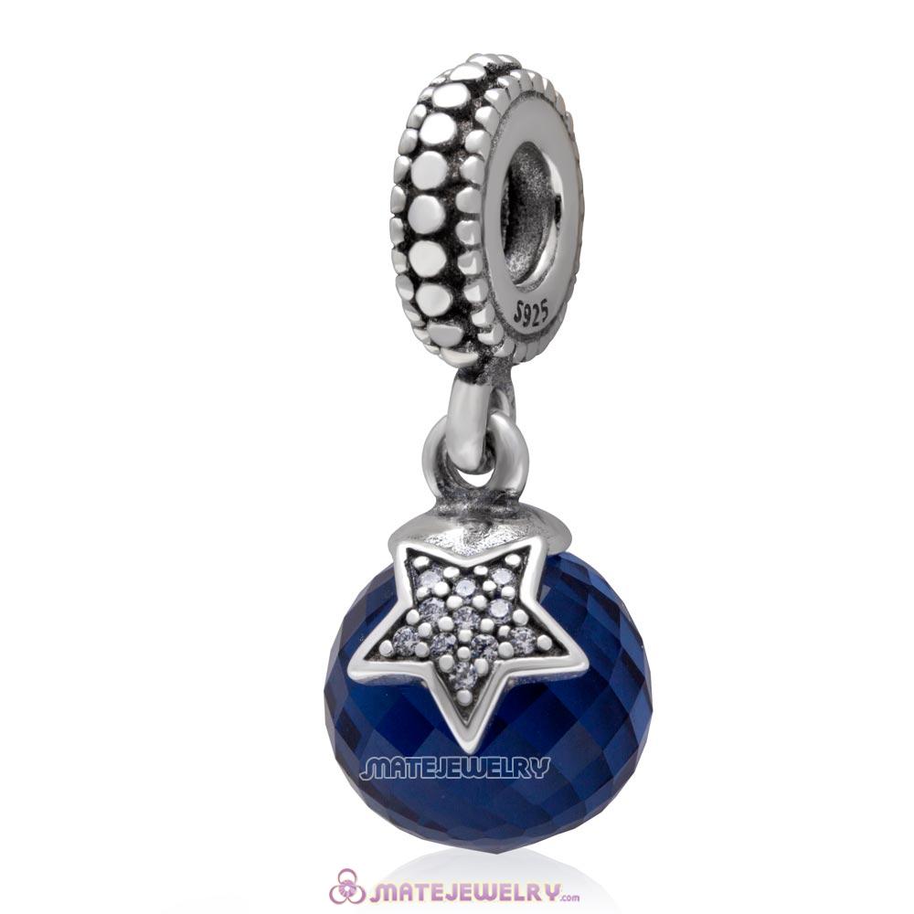 Moon and Star with Midnight Blue and Clear CZ Dangle 925 Sterling Silver Charm 
