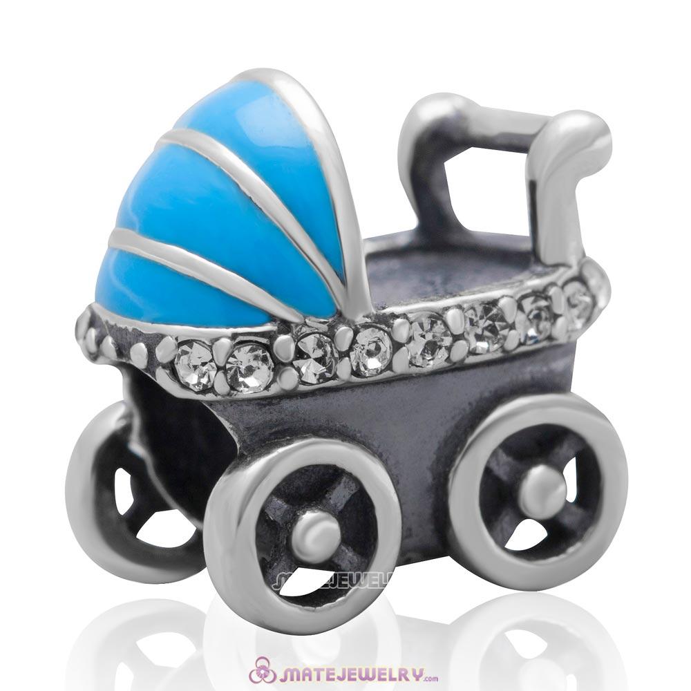 Baby Carriage Charm 925 Sterling Silver Bead with Clear Australian Crystal