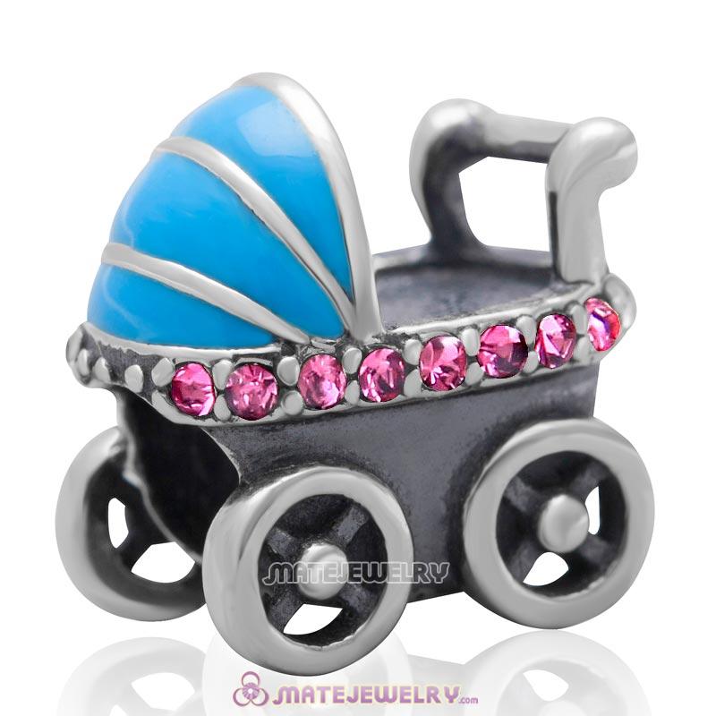 Baby Carriage Charm 925 Sterling Silver Bead with Rose Australian Crystal