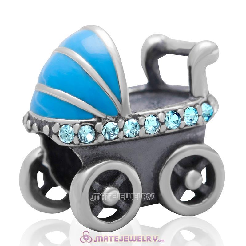 Baby Carriage Charm 925 Sterling Silver Bead with Aquamarine Australian Crystal
