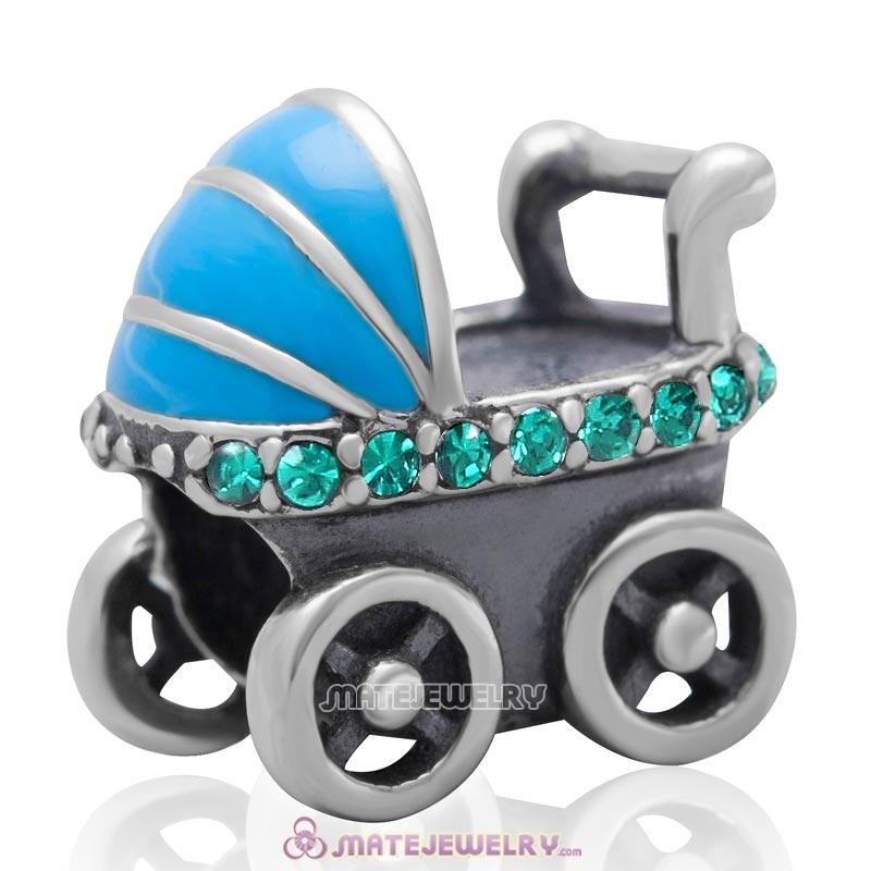 Baby Carriage Charm 925 Sterling Silver Bead with Emerald Australian Crystal