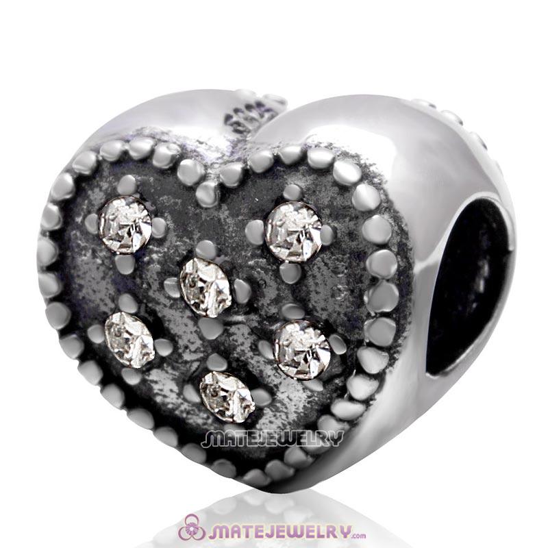 925 Sterling Silver Charm Sparkly Clear Crystal Heart Bead 