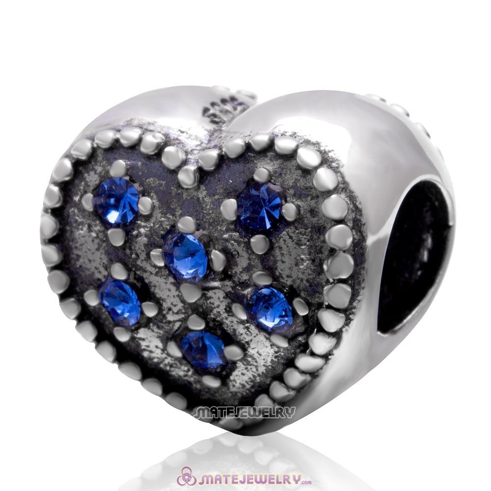 925 Sterling Silver Charm Sparkly Sapphire Crystal Heart Bead 